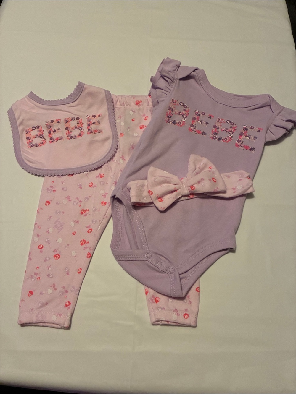 Lavender and Light Pink Floral 'BEBE' 3-Piece Matching Set